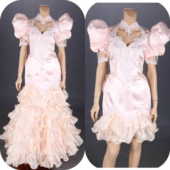 Unbranded Vintage 80s Pink Organza Mermaid Beaded Quince Wedding Prom Dress 10 - Picture 1 of 3